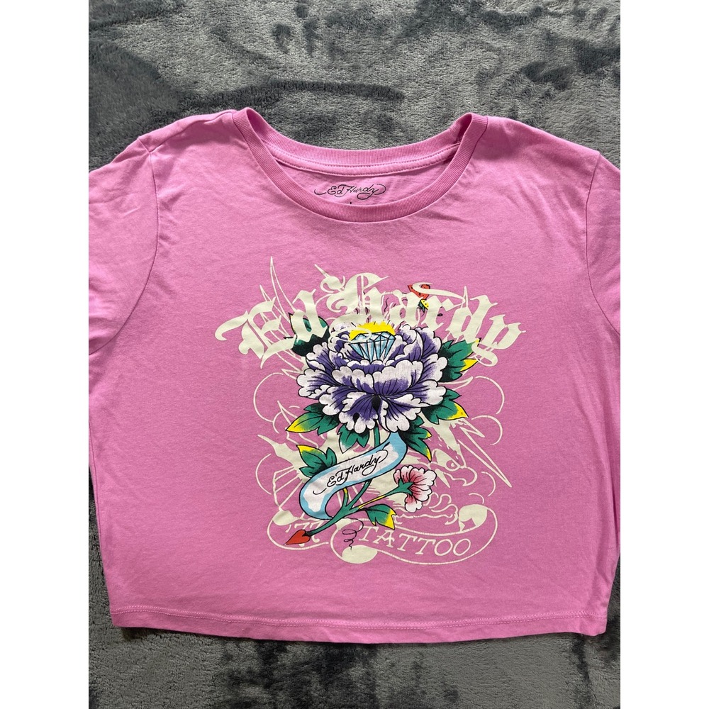 Ed Hardy Graphic Crop Top Womens Size Large Y2K Tattoo Print Baby Tee